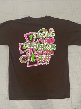 Gildan Brown Tee with Pink & Green Strong and Courageous Graphic